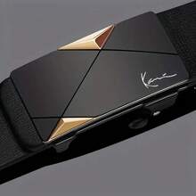 高级男士K字母仿皮腰带，简约光滑，自动调节扣设计，适合搭配西装、牛仔裤、裙装，商务休闲皆宜，是情侣、兄弟姐妹、万圣节、圣诞节等场合的百搭配饰礼物。 - 黑+金 - 查看 4