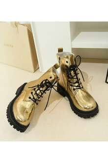 2025 New Thick Sole Lace-Up Short Boots For Women, Autumn/Winter - Gold - View 9