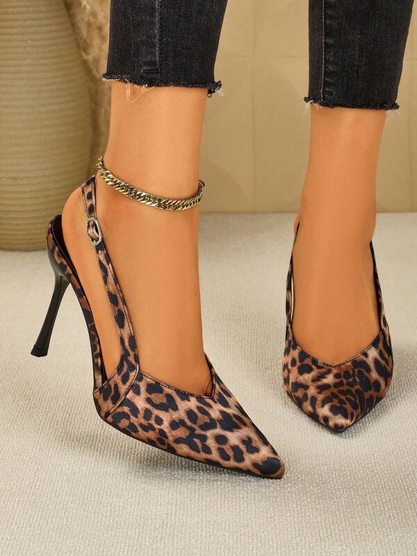 SVRM أحذية كعب عالي نسائية ذات أصبع مدبب من الساتان بطبعة جلد النمر وتصميم لاصق، مزودة بإبزيم معدني، أحذية رسمية أنيقة للمكتب والتنقل، أحذية رسمية للأعمال