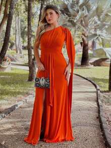 Women's Long Party Dress, One Shoulder With Elegant Slit, One Size M (Fits Sizes 38 To 42) Simple, Elegant Party Dress, Perfect For Beach, Weddings, Bridesmaids, And Graduations. - 橘色 - 查看 2