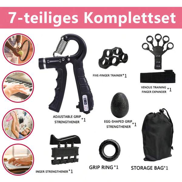 Kit de entrenamiento de fuerza de agarre KEEP KAMP de 7 piezas, con mangos de resistencia ajustables, estiradores de dedos, pelota antiestrés y anillos para los dedos con bolsa de transporte | Restaura la fuerza del brazo | Kit de acondicionamiento físico esencial Fortalecedor de agarre Ejercitador de manos y dedos Brazalete muscular de muñeca Reforzador de brazos