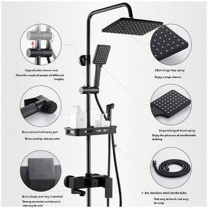 Justerbart duschmunstycke med 4 inställningar, svart, för hemmabruk och hotellbruk