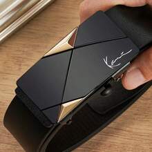 高级男士K字母仿皮腰带，简约光滑，自动调节扣设计，适合搭配西装、牛仔裤、裙装，商务休闲皆宜，是情侣、兄弟姐妹、万圣节、圣诞节等场合的百搭配饰礼物。 - 黑+金 - 查看 5