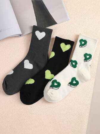 3 Pairs Women's Simple Heart Flocked Lined Casual Comfortable Mid-Calf Socks, Versatile For Daily Wear, Winter