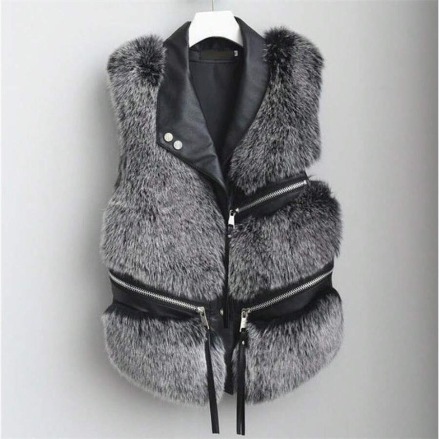 Short Faux Fox Fur Vest For Women Fashion Women Vest - 藕粉紅色+黑皮 - 查看 1