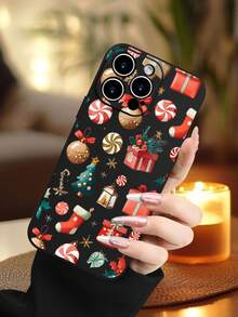 1PC Funda de teléfono TPU con diseño navideño lleno de elementos festivos como regalos, calcetines, bolas de adorno y dulces, estilo alegre y colorido, protección para lente, resistente a caídas, textura mate suave, ideal para amantes de la temporada navideña, personas que buscan un accesorio divertido y lleno de espíritu festivo, regalo especial, compatible con iPhone16/15/14/13/12/11/XS/XR/X/PLUS/PRO/PROMAX, compatible con Galaxy A21/A24/A25/A32/A34/A35/A54/A55, Galaxy S20/S21/S22/S23/S24 Ultra, agarre cómodo, regalo de temporada para amigos, novia, novio, familia - Negro - Ver 2