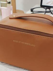 1个棕色纯色PU皮革枕形包，高端便携女士旅行化妆包，时尚休闲大容量便携拉链化妆包，旅行度假必备化妆包，可收纳卫生巾、卫生棉、有线耳机、头戴式耳机、充电器、口红、化妆品、香水、护肤品和美容产品，家居装饰 - 棕色 - 查看 7