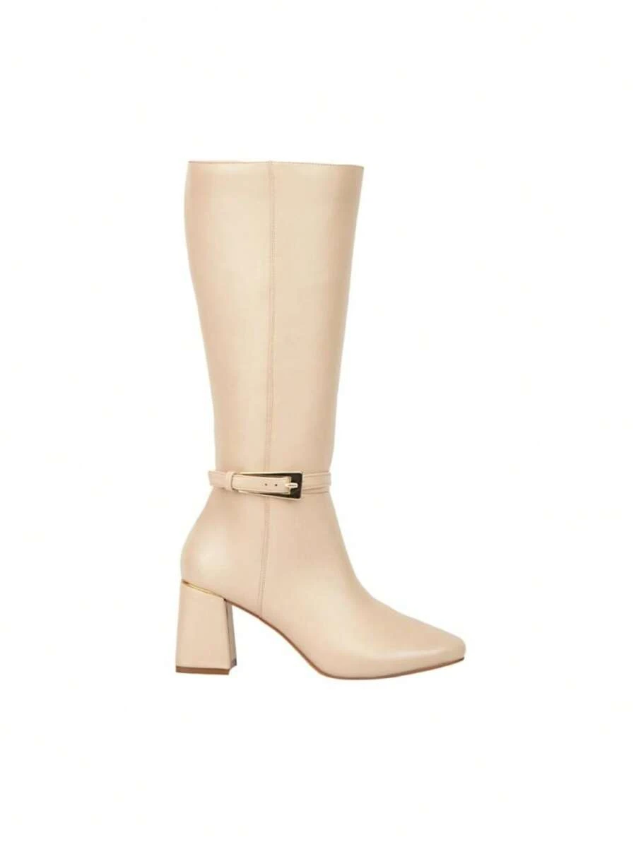 Bota de mujer larga de vestir con tacón ancho y acabado napa tacón medio color beige - Beis - Ver 1