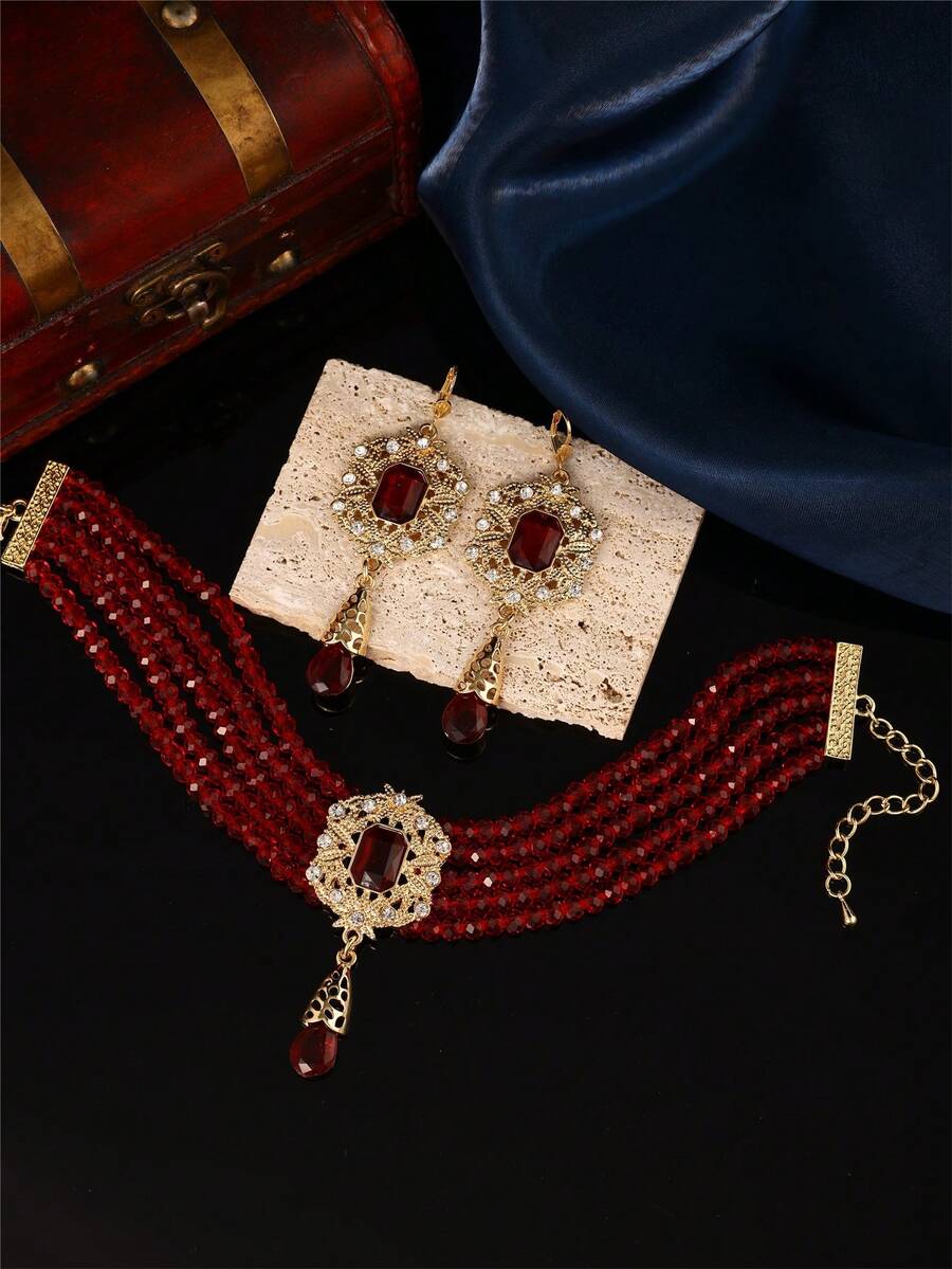 1 Set Luxury Handmade Necklace And Earrings Jewelry Set For Women, Includes Necklace And Earrings, Multi-Layer Design With Metal Pendant, Moroccan Style Bridal Wedding Party Jewelry Gift