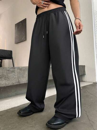 Men's Autumn College Sports Black Loose Straight Drawstring Pocket Versatile Sweatpants Double White Bar Street Trousers Suitable For Daily Casual Wear As A Gift For Boyfriend