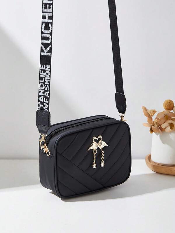 Borsa casual alla moda da donna, borsa a spalla e a tracolla con decorazione a lettera, piccola borsa quadrata trapuntata con decorazione a cigno