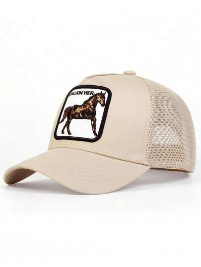 1pc Men's STALLION HER Embroidered Baseball Cap, Trucker Hat, Animal Mesh Hat, Adjustable, Sun Protection, Casual, Suitable For Spring/Summer Outdoor, Travel, Beach, Party
