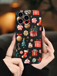 1PC Funda de teléfono TPU con diseño navideño lleno de elementos festivos como regalos, calcetines, bolas de adorno y dulces, estilo alegre y colorido, protección para lente, resistente a caídas, textura mate suave, ideal para amantes de la temporada navideña, personas que buscan un accesorio divertido y lleno de espíritu festivo, regalo especial, compatible con iPhone16/15/14/13/12/11/XS/XR/X/PLUS/PRO/PROMAX, compatible con Galaxy A21/A24/A25/A32/A34/A35/A54/A55, Galaxy S20/S21/S22/S23/S24 Ultra, agarre cómodo, regalo de temporada para amigos, novia, novio, familia - Negro - Ver 1