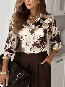 Whisplicity 1pc Plus Size Allover Leaf Print Contrast Color Button Front Woven Shirt, Suitable For Everyday, Festivals, Office, Home, Spring/Summer/Autumn