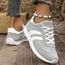 Women's Lightweight Retro Casual Sports Sneakers - Spring Summer 2025 New Design, White With Green & Red Accents, Round Toe Synthetic Microfiber Leather, EVA/PVC Cushioned Sole, All-Season Comfort For Running & Casual Attire, Ladies Sneakers, Versatile Footwear, Simple Stylish Shoes, Fabric Lined Interior - 灰色 - 查看 6