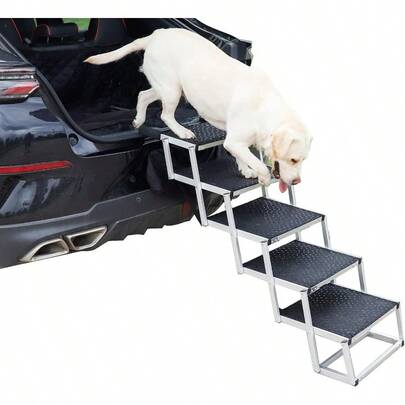 Uross Dog Ramp For Car Adjustable Height Stair Car Folding Portable Aluminium Extra Wide Dog Steps For Large With NonSlip Surface Stairs For Large SUVand Trucks 5 Steps