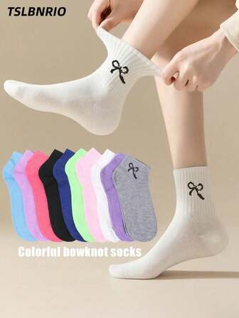 5/10/15/20 双随机纯色蝴蝶结图案简约彩虹色吸汗柔软百搭短袜女袜，可搭配多种鞋子