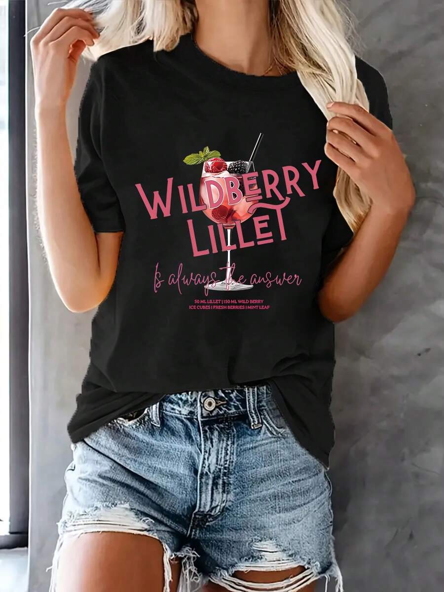 Camiseta con estampado gráfico WILDBERRY LILLET, manga corta, cuello redondo, top casual para verano y primavera, ropa de mujer - Negro - Ver 1