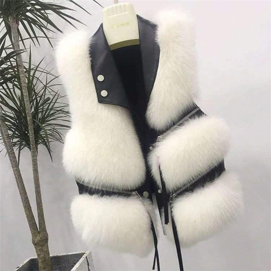 Short Faux Fox Fur Vest For Women Fashion Women Vest - Da trắng + da sẫm màu - Xem 1
