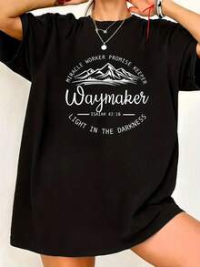 Plus Size Women'S Christian Faith T-Shirt - Miracle Worker Promise Keeper Waymaker Light In Darkness Print With Bible Verse 42:8, Loose Fit Round Neck Short Sleeve, Washable Non-See-Through Fabric, All-Season Casual Top Casual,220g High-Quality Pure Cotton T-Shirt With Minimalist Printing, Soft And Breathable Fabric, Comfortable And Loose, Suitable For All Day Wear, Suitable For Office Casual Wear, Spring And Summer Daily Appearance, Elegant And Youthful Design Ropa De Hombre - 黑色 - 查看 1