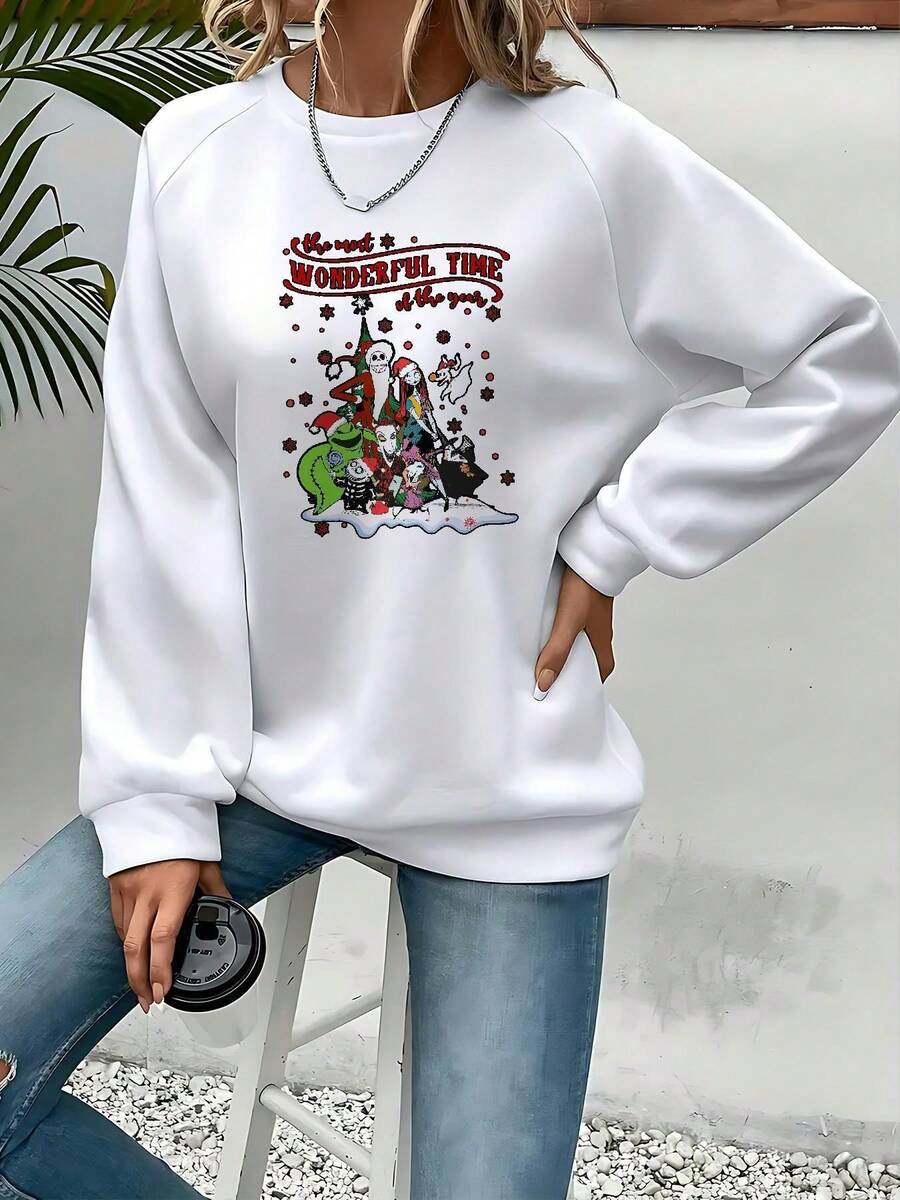 Women's Nightmare Before Christmas Sweatshirt - Tim 's Iconic Characters & Sally, Cozy Crewneck Pullover For Fall/Winter, Casual Graphic Sweater For Fans, Machine Washable - 白色 - 查看 1