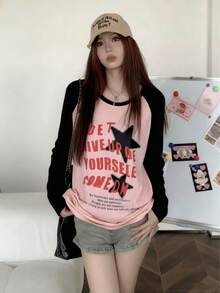 Vintage Color Block Long Sleeve T-Shirt For Women, Thin Loose Niche Raglan Sleeve Top, Autumn - Pink - View 7
