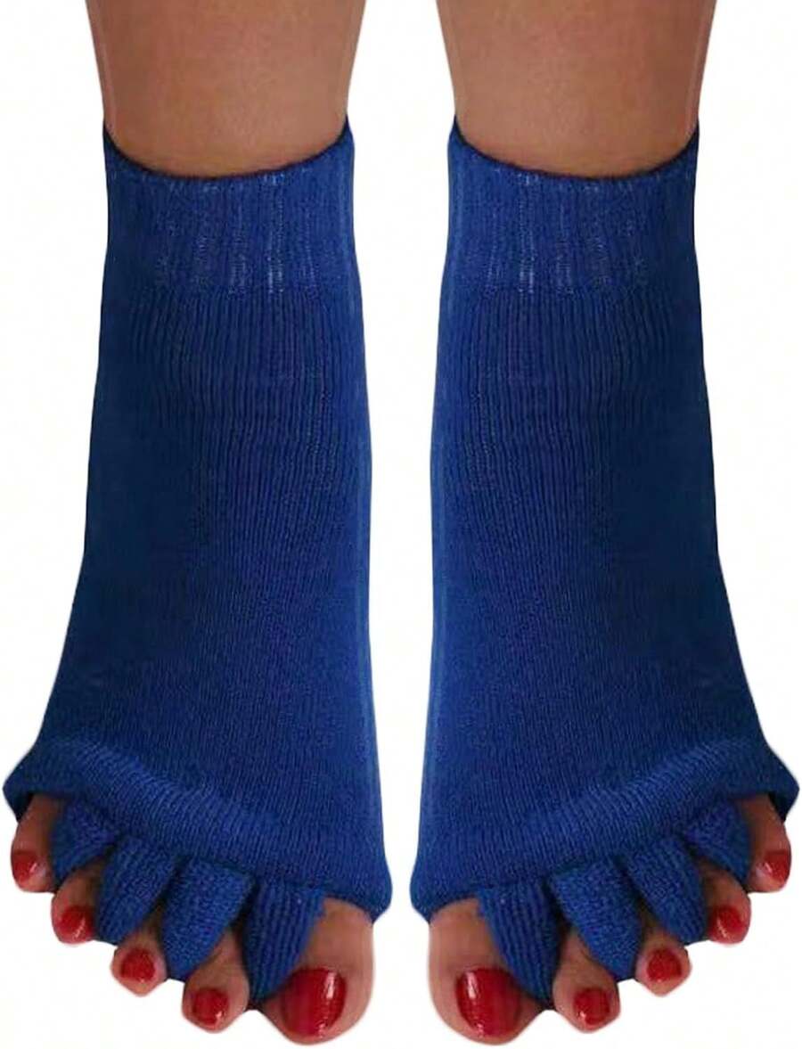 Women Toe Separator Socks Toeless Foot Alignment Socks For Yoga GYassage Pain Relief Improves Circulation Stretchy,28194483 - 藍色 - 查看 1