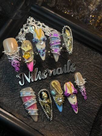 10pcs Stiletto Nail Set, Handmade Nail ArtStickers,3D Three-Dimensional Nail Rhinestone Steel Ball Accessories, Colorful Shiny Nail Gems, Handmade Flower&Carving Bikini Design, White French Tips&Rose Red Tie Dye Drawing Leopard Nails Hand Drawn Geometric Patterns In Y2k Style Wearable NailArt Set Suitable For Women To WearDaily Parties (With: A Piece Of JellyGlue And A Friction Strip) Nail SuppliesNails