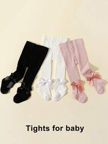 3pcs Girls Solid Color Bowknot Decor Princess Style Leggings, Suitable For Daily Match - Multicolor - View 9