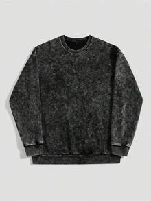 男士街头时尚秋季水洗做旧效果黑色套头卫衣深色系长袖适合日常休闲穿着，可作为男友礼物 - 黑色 - 查看 2