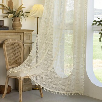 1 Panel Bohemian Style Sheer Curtain Panel With Vintage Garden Lace Pattern, Rod Pocket Hanging, Breathable Lightweight Fabric, Suitable For Bedroom, Living Room, Office - Machine Washable, Transparent, Room Divider