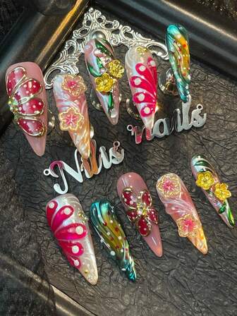 10pcs Stiletto Nail Set, Handmade Nail ArtStickers,3D Three-Dimensional Nail Rhinestone Steel Ball Accessories, Colorful Shiny Nail Gems, Hand Drawn Flower Design, Light Pink&Red&Green Multi-Color Tie Dye Hand Drawn Geometric Patterns In Y2k Style Wearable NailArt Set Suitable For Women To WearDaily Parties (With: A Piece Of JellyGlue And A Friction Strip) Nail SuppliesNails