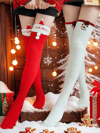 2 双圣诞主题过膝袜 - 圣诞老人/驯鹿/雪人/熊图案舒适加厚针织袜，节日保暖袜，适合冬季日常穿着、节日服装和礼物创意，热门必备保暖袜。