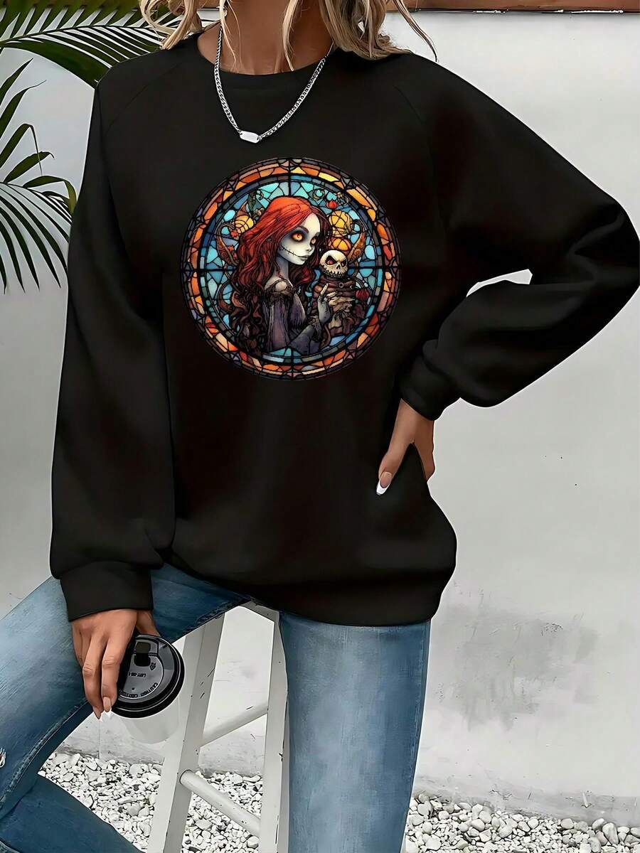 Nightmare Before Christmas Women's Tim -Inspired Stained Glass  & Sally Graphic Sweatshirt - Soft Crewneck Pullover For Halloween, Fall & Winter, Casual & Themed Events (Machine Washable) - 黑色 - 查看 1