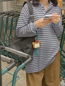 女士宽松休闲长袖条纹上衣 春季 - 藍色 - 查看 5