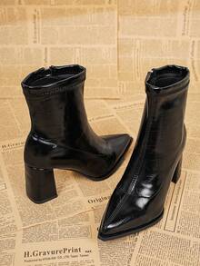 秋冬新款英伦风鳄鱼纹漆皮短靴，黑色优雅粗跟短靴，复古尖头金属侧拉链靴，粗跟切尔西靴，美式中跟西部靴，时尚短筒靴 - 黑色 - 查看 3