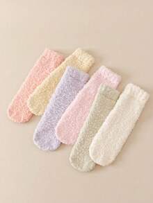 1/3 Pairs Random Color Women Crew Socks, Solid Half Plush Thickened Cute Coral Fleece Comfortable House Socks, Versatile For Sleeping, Couples, Outdoor, Parties, Goth, Back To School, Y2K, Soft And Breathable