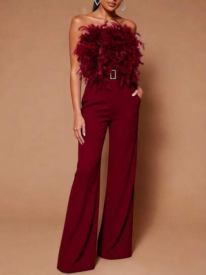 GLOURI Women's  Elegant Burgundy Feather Trim Jumpsuit - Sleeveless Wide Leg Romper With Metallic Belt & Shoulder Detail | Christmas Party & Formal One-Piece For Galas, Weddings & Holiday Events