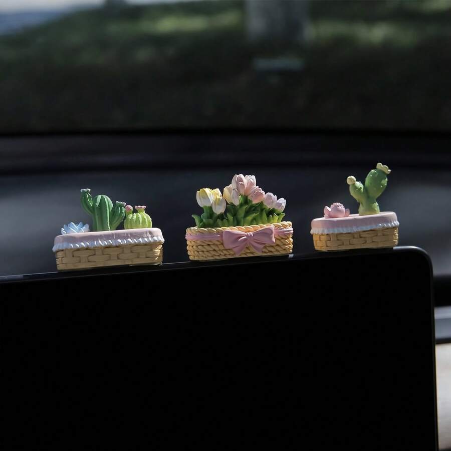 Healing Series Resin Tulip Car Ornament - Mini Floral Dashboard Decoration, Vibrant Pink And Yellow Tulips, No Power Required, Car Interior Accessories, Exclusive For Women - 三朵多肉花 - 查看 1