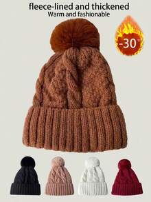 Damen warme gestrickte Mütze mit großem Fellbommel, einfarbig, vielseitig, dick gefüttert, geeignet für Outdoor-Radfahren, modisch personalisiert, lässig elegant im Retro-Street-Style, Polyester, Herbst Winter Halloween