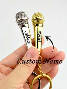 Personalized Name Microphone Keychain, Customized Mini Realistic Microphone Keychain With Rotatable Opening, Confessional Microphone Pendant Keychain, Actor Souvenir Program Performance Engraved Gift, Back To School Gift, Children's Halloween Gift, Gold/Silver Customized Birthday Gift, Halloween Accessories - Silver - View 11