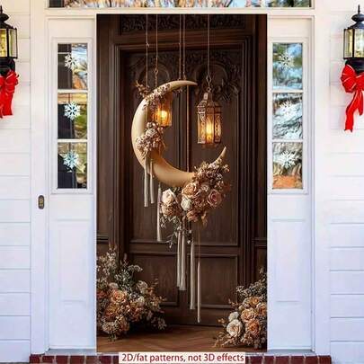 2D Polyester Ramadan Door Banner 1pc Hanging Crescent - Shaped Decor With Floral Arrangements And Lanterns Eid Al-Fitr Photo Props And Supplies, Suitable For Muslim Ramadan And Eid Al-Adha Celebrations, Islamic-Themed Holiday Decorations