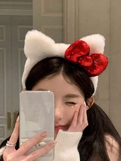 汤姆猫耳毛绒发箍，休闲拍照发饰，蝴蝶结发箍，聚酯纤维材质，四季皆宜，情人节礼物，发箍，发圈发箍，头饰