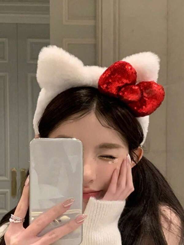 Tom's Cat Ear Plush Headband, S Casual Photo Hair Accessories, Headband With Bow, Polyester Fiber, Suitable For All Seasons Valentines,Hairband,Hair Hoop Headbands ,Gifts