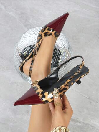 Women's Sexy Leopard Print Patchwork High Heel Pumps, Party Wedding Dress Shoes, 5cm Stiletto Slip-On Sandals