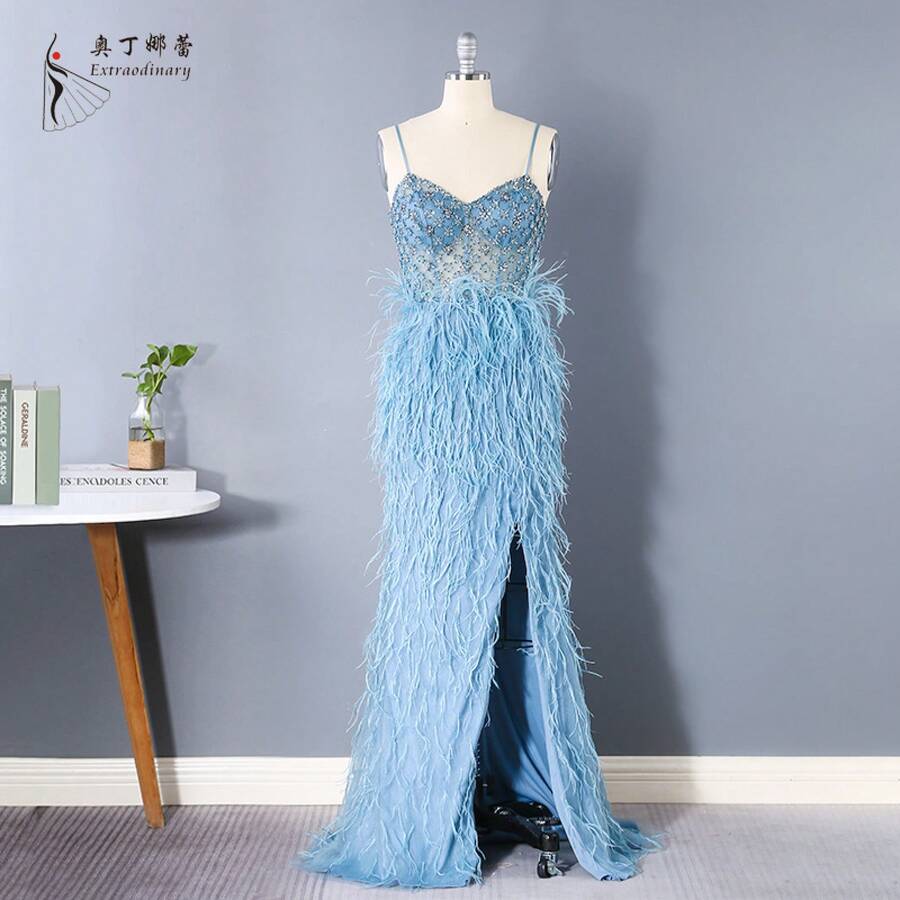 European And American Evening Dress Hand Embroidered Wedding Dress High-End Dinner Party Beaded Sequin Evening Dress Gown - Màu xanh lam - Xem 1