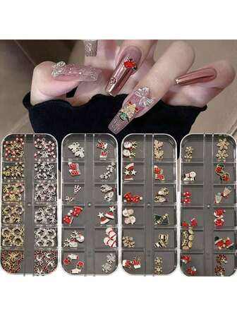 12件套圣诞金属美甲装饰套装，包括3D花环、雪花、铃铛、金银色美甲水钻