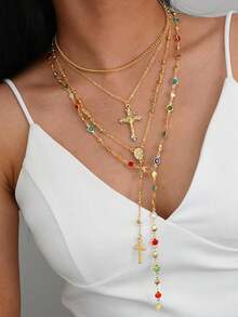 4 件 Y2K 十字架吊坠项链套装，珍珠多层项链，复古颈链，适合女士，适合派对和节日佩戴 - 彩色 - 查看 6