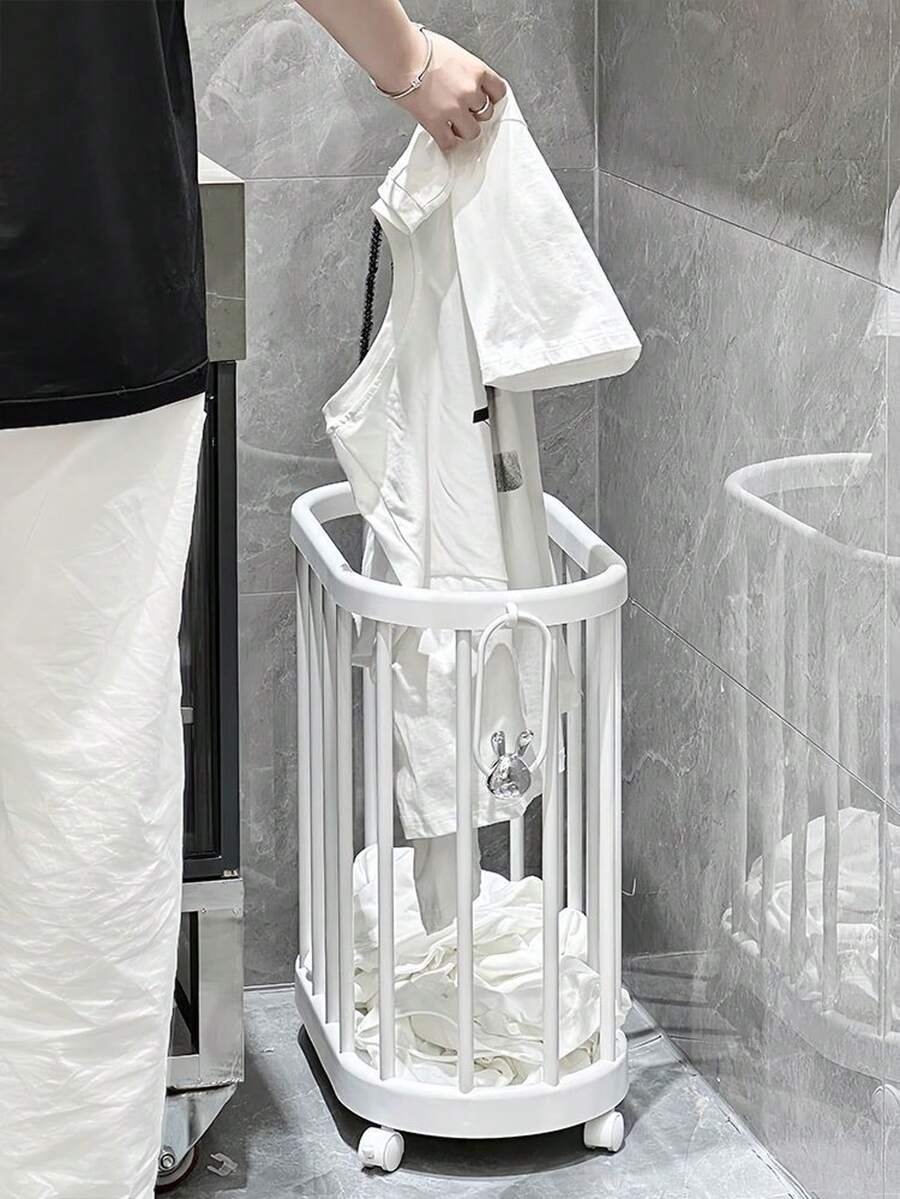 1pc Laundry Basket Household Dirty Clothes Storage Bin, Waterproof Bathroom Hamper With Large Capacity And Wheels - White - View 1