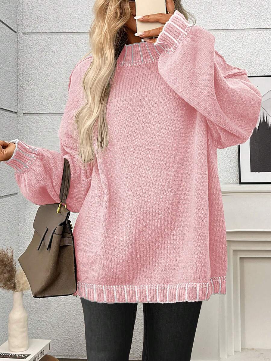 Plus Size Casual Crew Neck Striped Contrast Color Knit Pullover Sweater - Pink - View 1